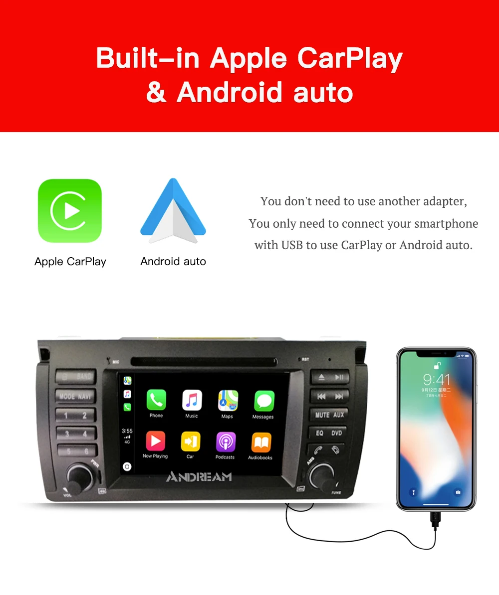 7 inch Bulit-in Apple Carplay Android Auto Car dvd player Navigation For BMW E39 E53 X5 M5 Series 5