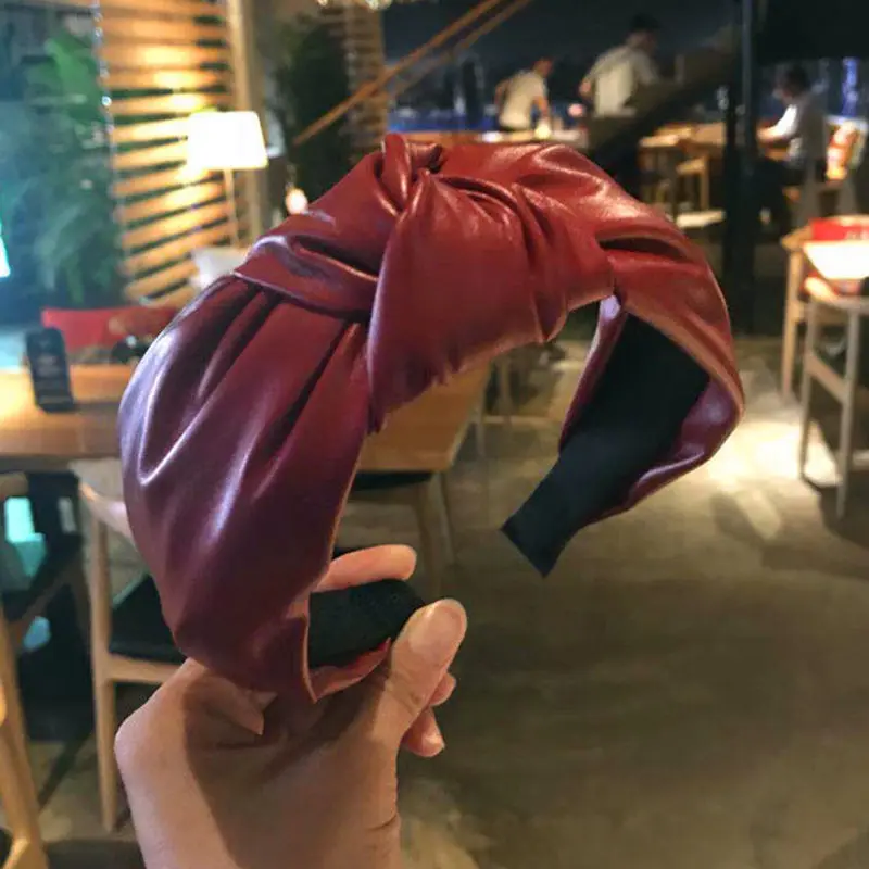 

DISCICI 2020 Fashion Pure Leather Headband Female Hair Bands For Women Accessories Smooth PU Knotting Hoop Wide Edge Wash Face