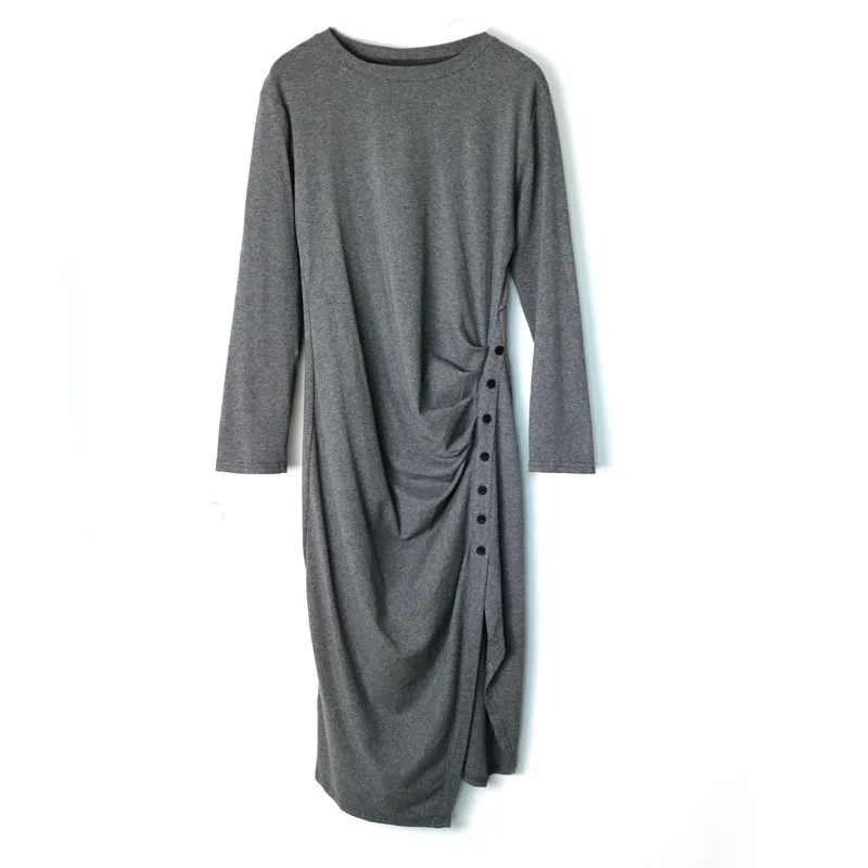 

2019 Autumn Clothing European Goods New Style Solid Color Simple Elegant Slimming Irregular Button Long-sleeved Dress Women's 99