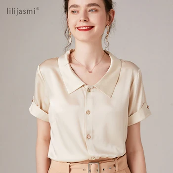 

2020 Silky Feeling Women Satin Shirt Short Slevve Summer Narrow Lapel Cool Simple Top Tees Lady Must Have Cozy Comfy