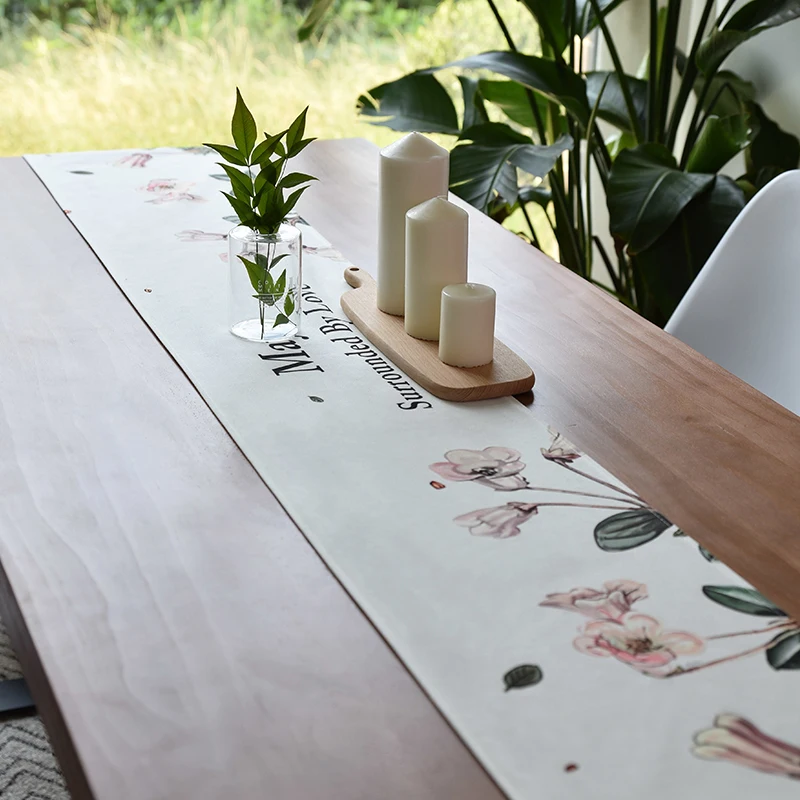 

Flower pattern Waterproof Table Runner Rustic Wedding Decoration Cotton linen Table Runners Home Banquet Party Supplies Home
