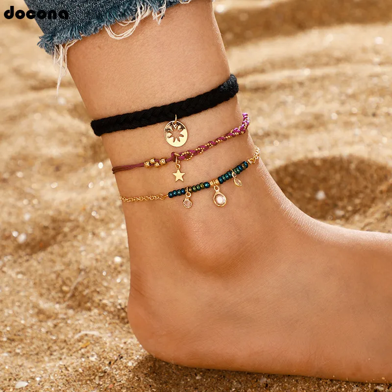 

docona Black Rope Hollow Star Colorful Beaded Multilayer Anklet Set for Women Charming Geometric Anklet Foot Jewelry 8605
