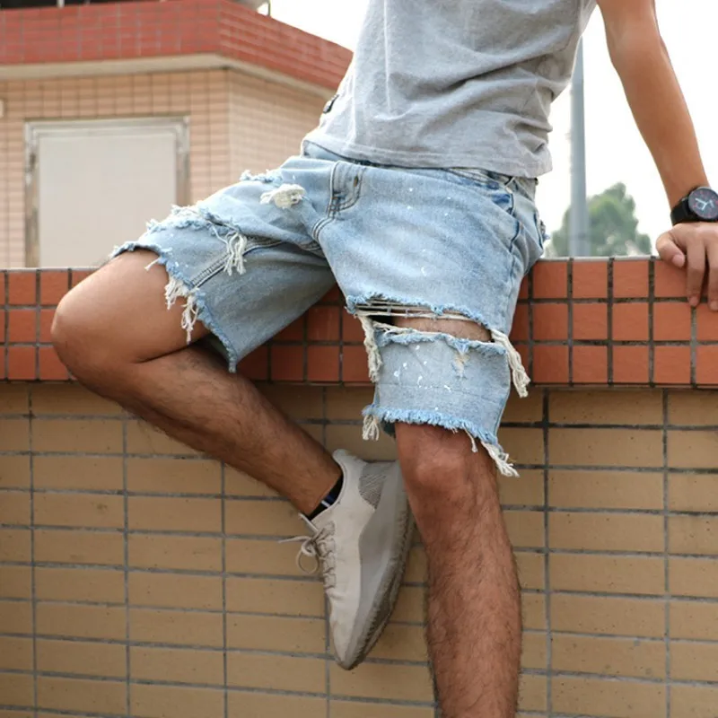 

High Street Vintage Jeans Shorts Men Summer 2020 New Hole Ripped Shorts Homme Washed Straight Leg Cotton Short Pants Knee Length