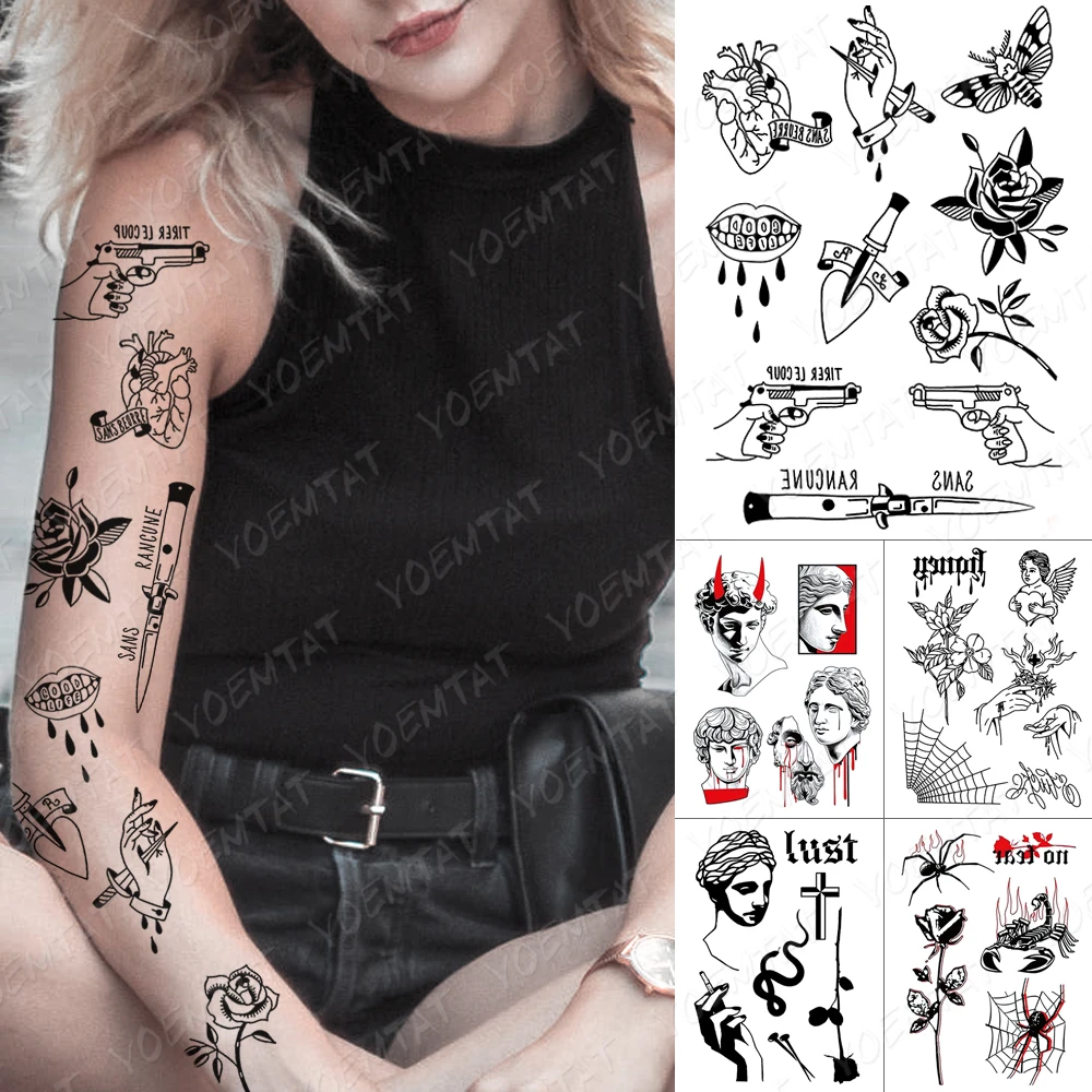 Waterproof Temporary Tattoo Sticker Heart Knife Gun Angel Old School Flash  Tattoos Spider Lips Body Art Arm Fake Tatoo Women Men - Temporary Tattoos -  AliExpress