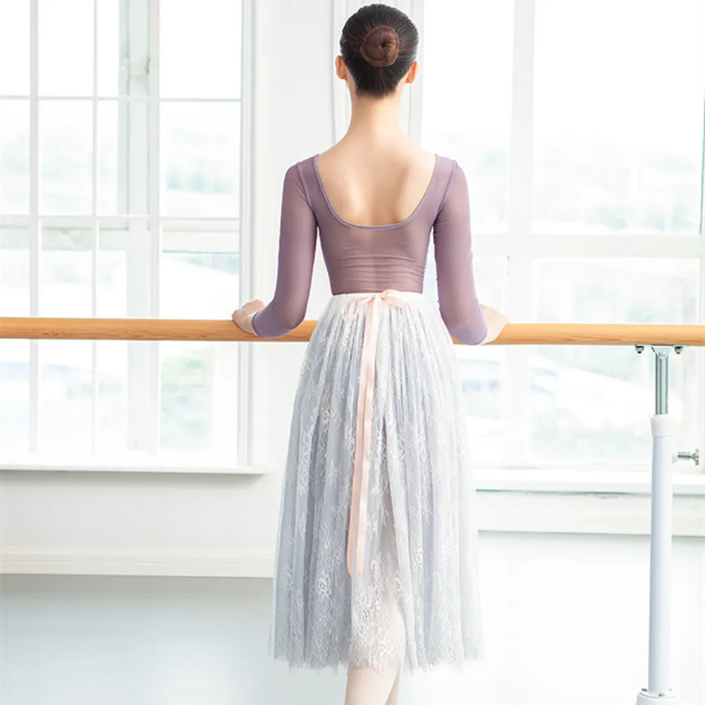 New Solid Black White Lace Korean Elegant Dance Skirts Summer Women 2 Layers Princess Tulle