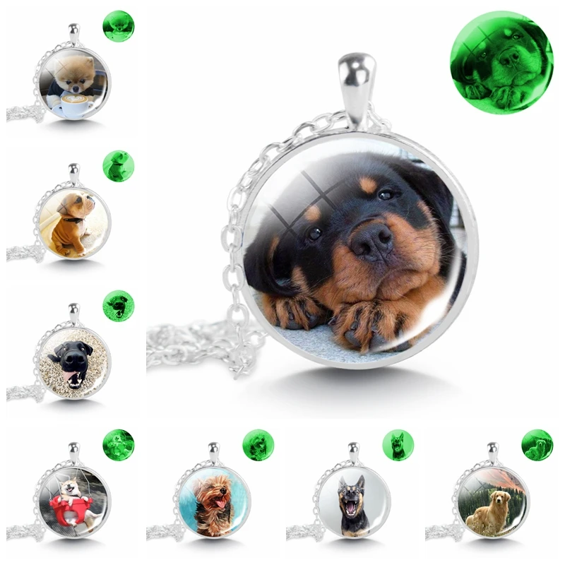 Luminous Dog Photo Necklace German Shepherd Rottweiler Teddy Corgi Glass Cabochon Animal Glow In The Dark Jewelry Gift | Украшения и