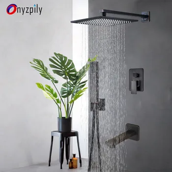 

Onyzpily Black Shower Faucets Set 12" Concealed Brass Rainfall Shower Head Single Handle Mixer Tap Bathroom Shower Ru warehouse