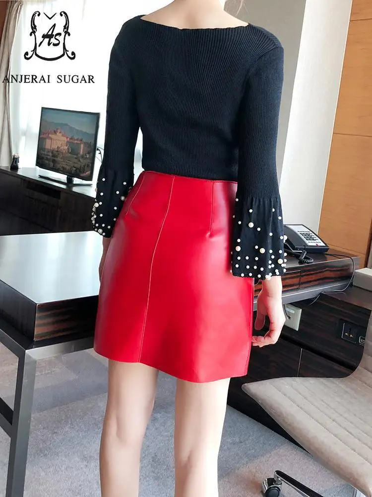 Autumn real Genuine leather skirts women sexy high waist V splicing Big pocket sheepskin real leather female short A- line skirt