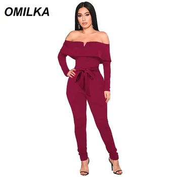 

OMILKA Long Sleeve Off the Shoulder Ruffle Rompers and Jumpsuits 2019 Summer Women Slash Neck Bodycon Bndage Club Party Overalls