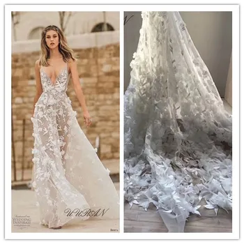 

African net lace high quality 3d Appliques Off white bridal tulle mesh lace French embroidered fabric