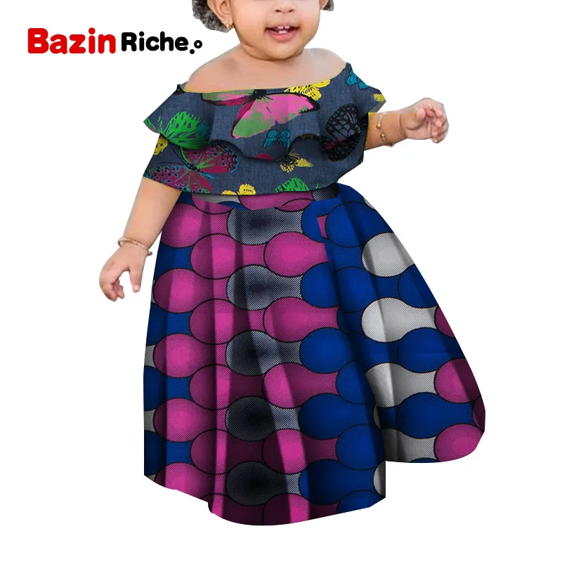 

2 Pieces Sets Cute Kids Girl Off the Shoulder Tops and Skirt Set African Print Children Shirt Skirts Bazin Riche Clothes WYT433