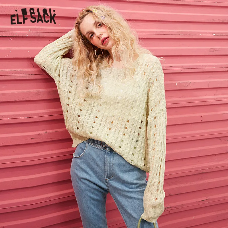 ELFSACK Multicolor Solid Minimalist Cut Out Casual Knit Pullover Sweater Women 2020 Spring Pure Long Sleeve Korean Ladies Top | Женская