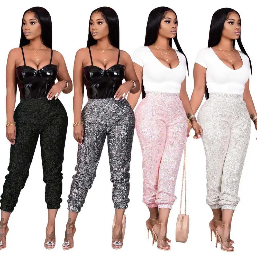 

Adogirl Women Fashion Sequins Pants with Lining Elastic Waist Christmas Party Casual Trousers Sweatpants
