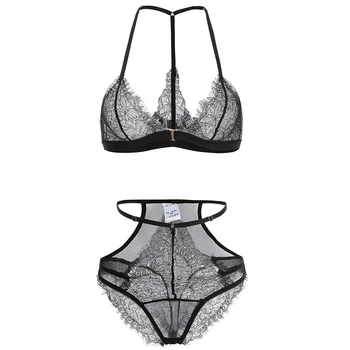 

Temperament and interest clothing Delicate eyelash lace fabric metal front button beauty back three-point sexy sexy bra set