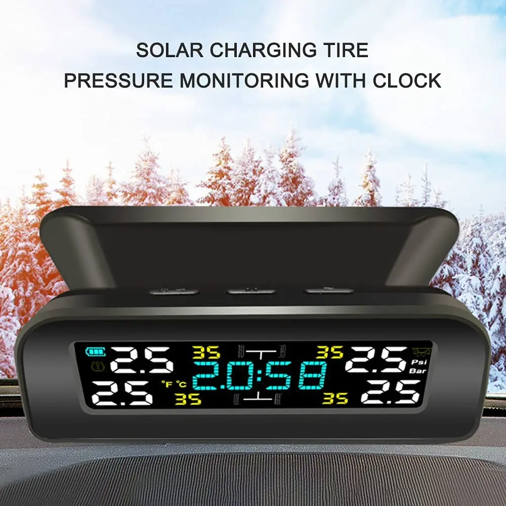 Universal TPMS Wireless Tire Pressure Monitoring System Solar Power Clock LCD Display 4 External Sensor Tire Pressure Sensors Car Tire Pressure Monitor Motorcycle Tire Pressure Monitor Car Tire Pressure Sensor