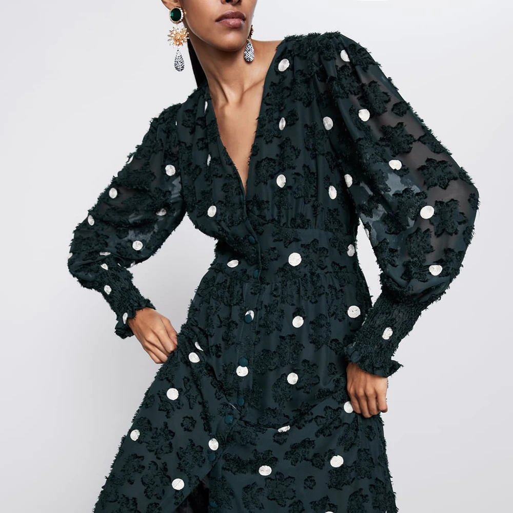

New Wave Point ZA Dress Women 2019 Trendy V-Neck Long Sleeve Cuff Honeycomb Lattice Elastic Cuffs Design Charm Dress Wholesale