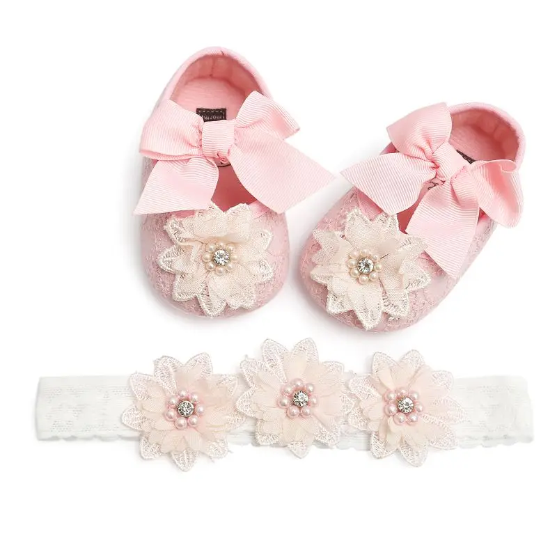  Baby Girls Shoes With Hairband Autumn Toddler First Walkers Shoes Newborn Flowers Soft Soled Baby S