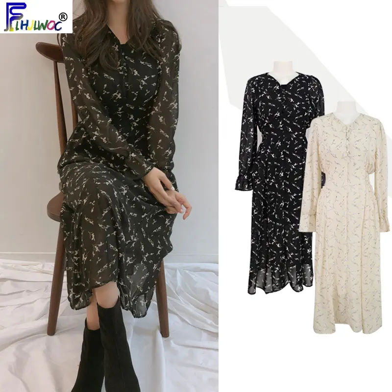

Autumn Winter Basic Dresses Long Cute Sweet Girls Flare Sleeve A Line Floral Vintage Button Shirt Dress Korea Style Clothes 8131