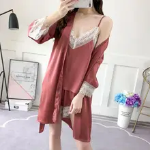 Женские шелковые кружевные шорты на бретелях, пижамы, комплект из трех предметов, одноцветная Сексуальная Домашняя одежда, Весенняя осенняя одежда для сна