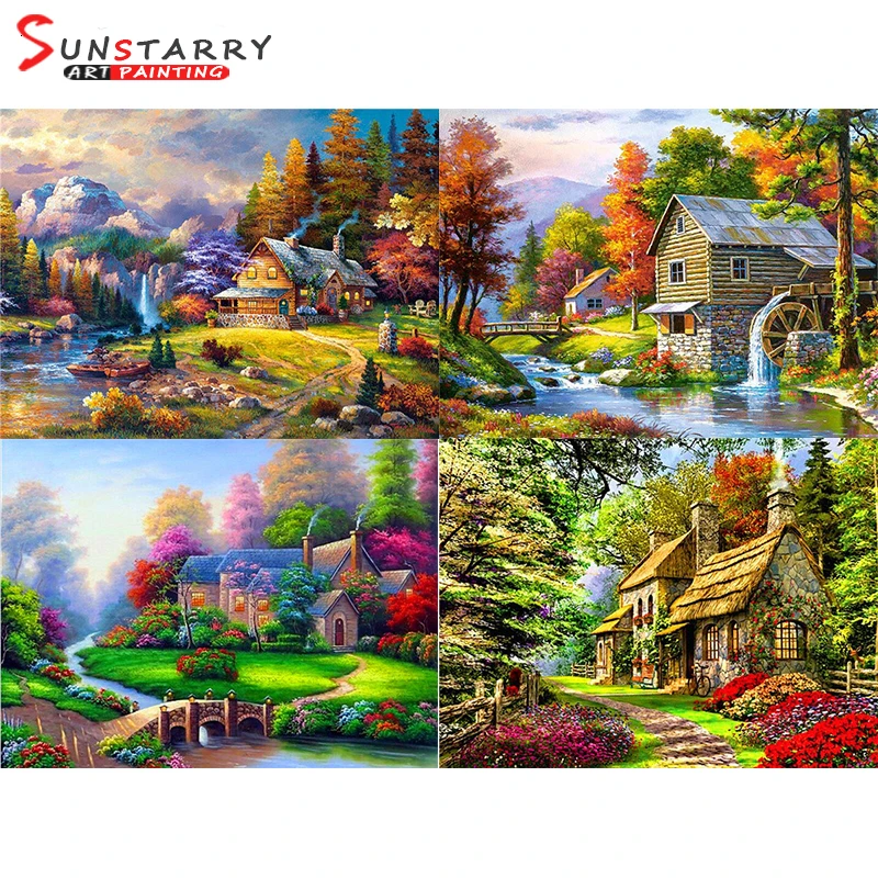 

Sunstarry 5D DIY Diamond Embroidery Landscape Handmade Diamond Painting Village Needlework Mosaic Cross Stitch Home Decor