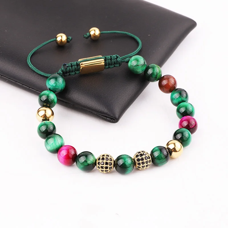 Jaravvi High Quantity 8mm Natural Stone Tiger Eye Crystal CZ Ball Cord Adjustable Macrame Bracelet For Women Men - Image 4