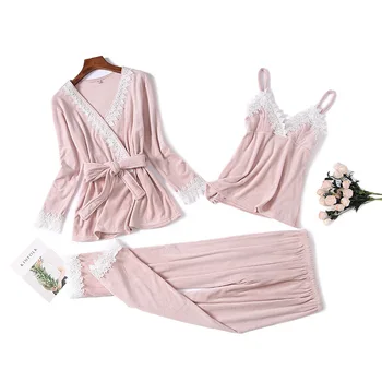 

Young Lady Velour Sleepwear Pink Lace 3pcs Pajamas Set Full Sleeve Velvet Home Clothing Women Robe&strap&pant Nightwear