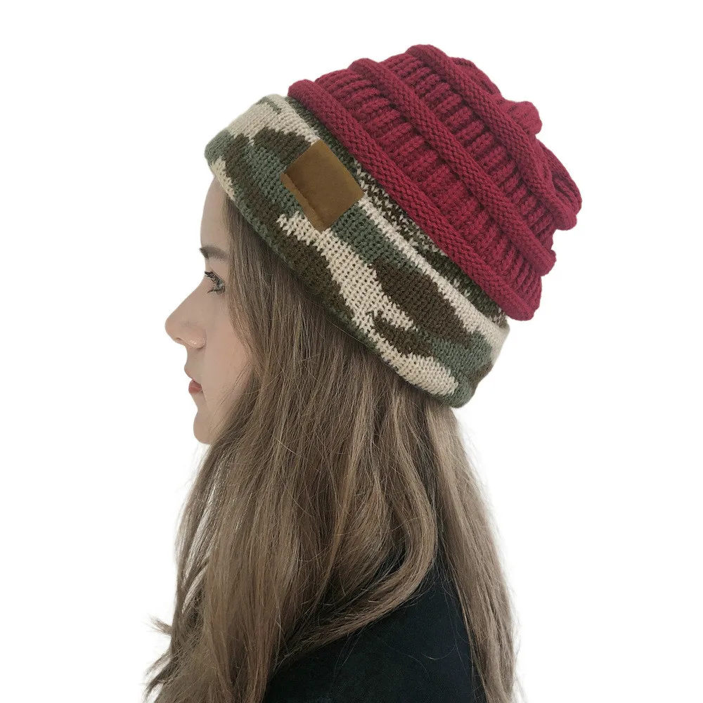 New Fashion Woman Winter Warm Hat Knit Thick Camouflage Stitching Hat Cashmere Beanies Unisex Accessories Cap