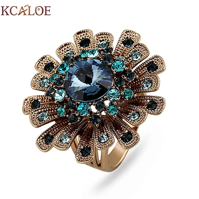 blue KCALOE, большие титановые золотые цветы, обручальные кольца для женщин, Роскошные Синие хрустальные стразы, Винтажное кольцо на палец, свадебные ювелирные изделия - Цвет основного камня: blue