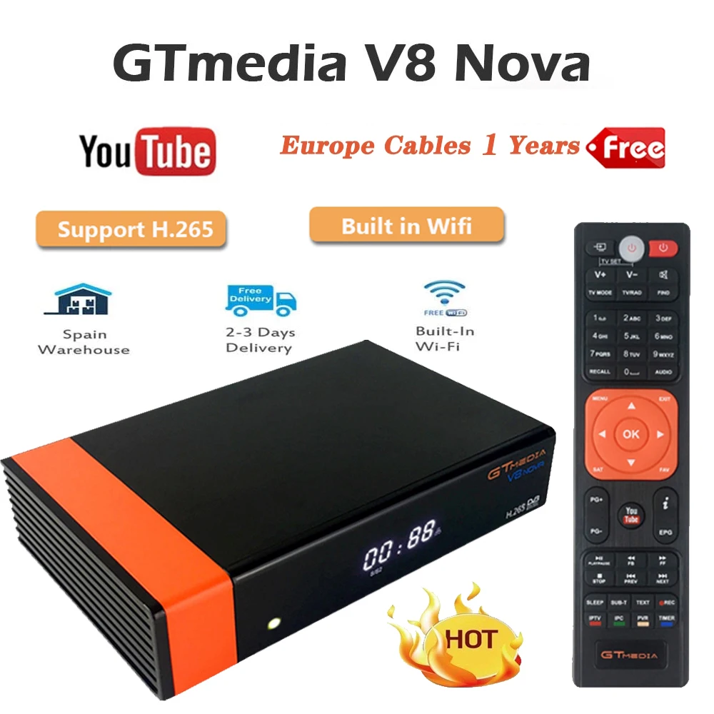 

DVB-S2 Gtmedia V8 NOVA Satellite TV Receiver Built-in wifi Freesat V8 Receiver with Free Europe 7 Cline H.265 gt media v8 nova