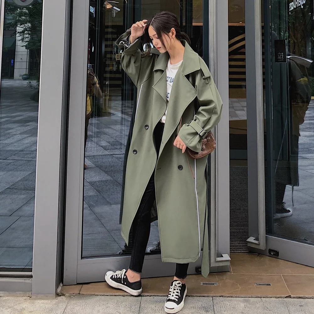 

Korean-style Fashionable over-the-Knee Long Coat 2019 Autumn New Style WOMEN'S Dress Retro Laziness-Style Double Breasted Double