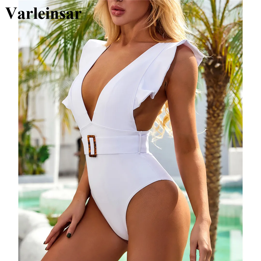 One-Piece Swimsuit Monokini White Sexy New Women with Belt Lady V2198 Ruffled Female