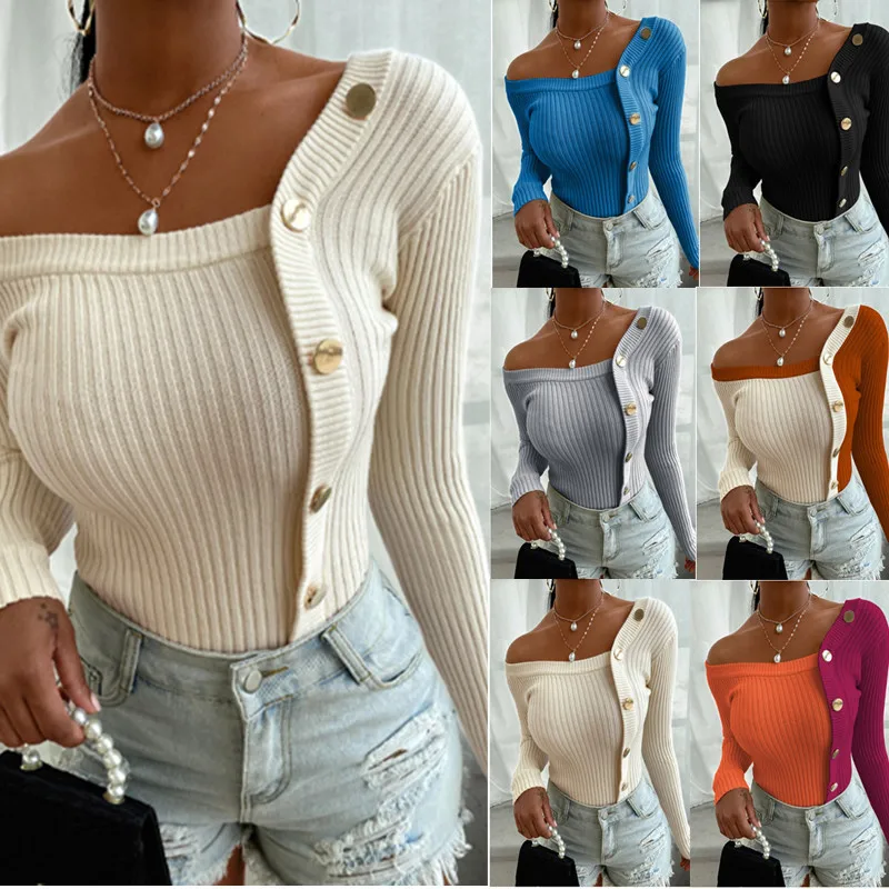 Sexy One Off Shoulder Pullover Sweater Women 2020 Autumn Winter Long Sleeve Solid Knitted Warm Ladies Outfit Jumpers | Женская одежда
