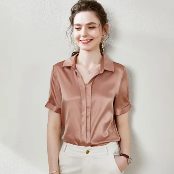 

High End OL Pure Silk Shirts Blouse Women 16 m/m Silk Solid Turn-down Collar Fashion Short Sleeve Women Summer Top Plus Size
