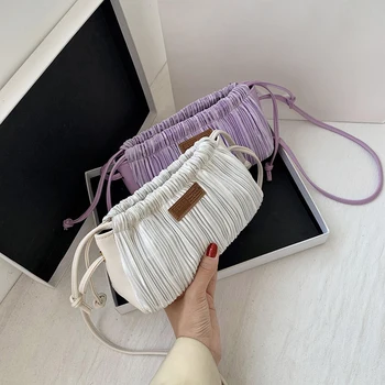 

Casual Pleated PU Leather Crossbody Bag Women Drawstring Small Sling Shoulder Messenger Purse Pouch