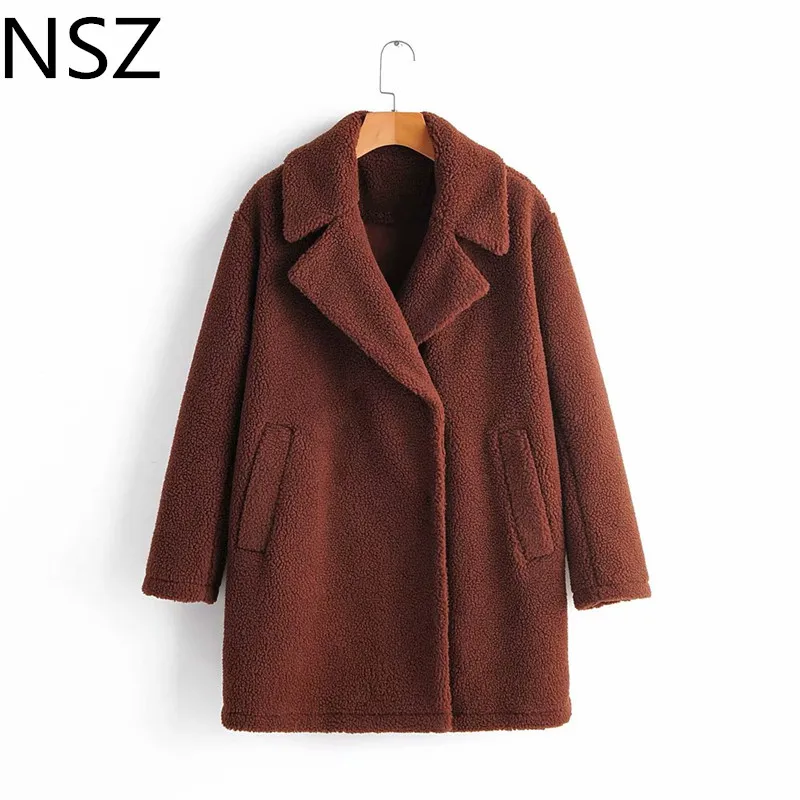 NSZ women teddy bear coat faux fur shaggy jacket warm long sleeve oversized outwear fall winter woolen coat - Цвет: Коричневый
