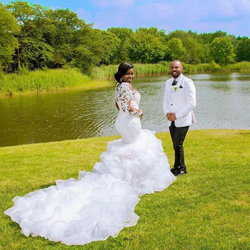 

Cheer Ruffles Long Train Mermaid Wedding Dress 2023 Lace Beaded Plus Size African Wedding Gown