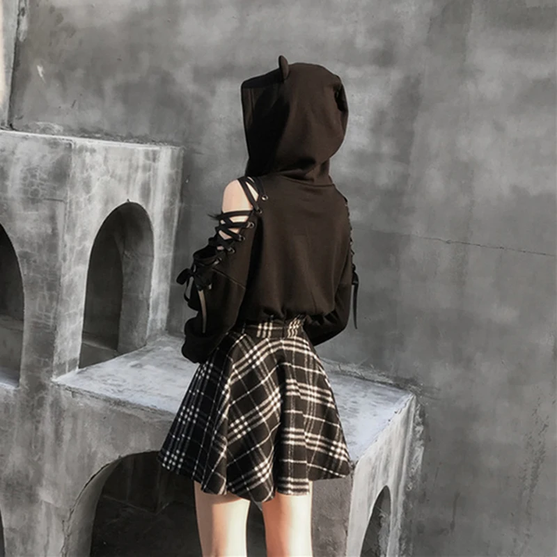  Harajuku Punk Gothic Sweatshirt Hoodies Women Autumn Winter Plus Velvet Hollow Out Lace up Long Sle