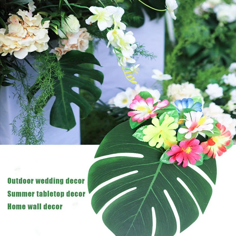 Promotion! 90Pcs Tropical Palm Leaves and Hibiscus Flowers, Artificial Leaves Plants Hibiscus Flowers Fete Deco, Hawaiian Party