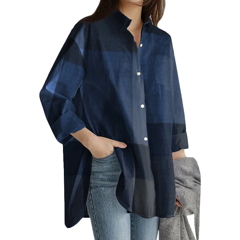 Women Plaid Blouse Loose Shirt Arc hem Long Sleeve Hipster Lady Shirts Turn-down Collar Casual Female Button Up Blouse Shirt 5XL 1