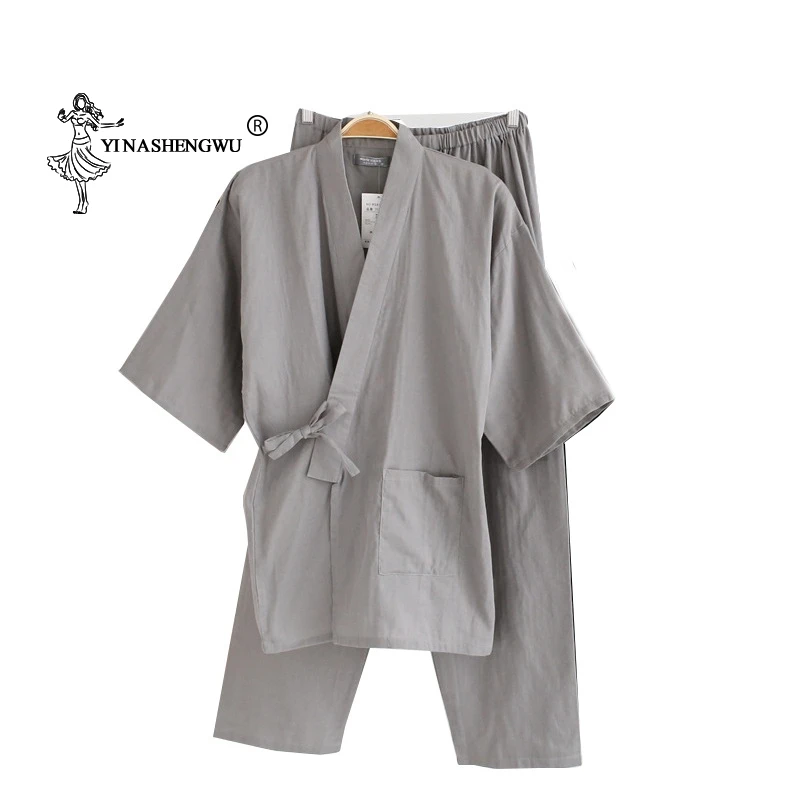 Japanese Men Kimono Cardigan Traditional Pajamas Set Cotton Simple Kimono Yukata Nightgown Bathrobe Casual Comfortable Homewear