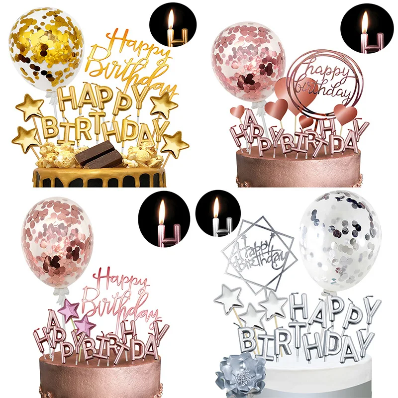 

Gold Birthday Cake Decoration Happy Birthday Cake Topper Paper Fans Banner Confetti Balloon Fireworks Golden Cupcake Topper
