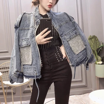 

Spring Autumn Denim Jacket Women 2020 New Fashion Big Pocket Sequins Decoration Stand collar Loose Jeans Coat Bomber Jacket G105