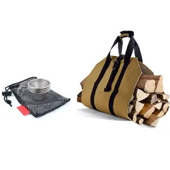 

Large Canvas Log Tote Bag with 4 Stainless Steel Bowls Mini Portable Cookwarewith Handles Anti-Scalding Small Bowl
