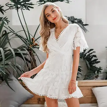 

Simplee V neck flower lace embroidery women dress High waist holiday beach female a-line mini dresses Ruffled white cotton dress