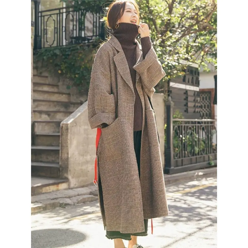 New Autumn Long Women Wool Coat Lapel Fashion Belt Slim Female Elegant Vintage Jacket Overcoat For Office Ladies Plus Size f1512