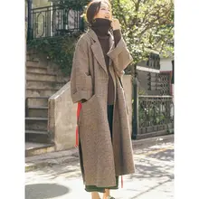 New Autumn Long Women Wool Coat Lapel Fashion Belt Slim Female Elegant Vintage Jacket Overcoat For Office Ladies Plus Size f1512