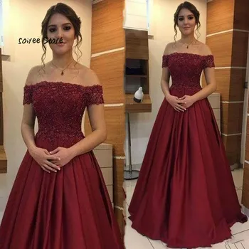 

Graceful Wine Evening Dress Dubai Arabic Long Evening Dresses 2019 Off Shoulder Short Sleeve Prom Party Gowns Full Length Vestio