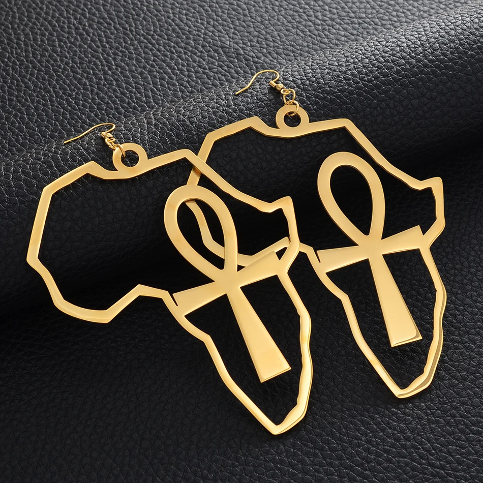 Anniyo African Map Big Ankh Earrings Exaggerate Larger Earring Africa Egypt Nile Key Traditional Ethnic Hyperbole  #154721 5