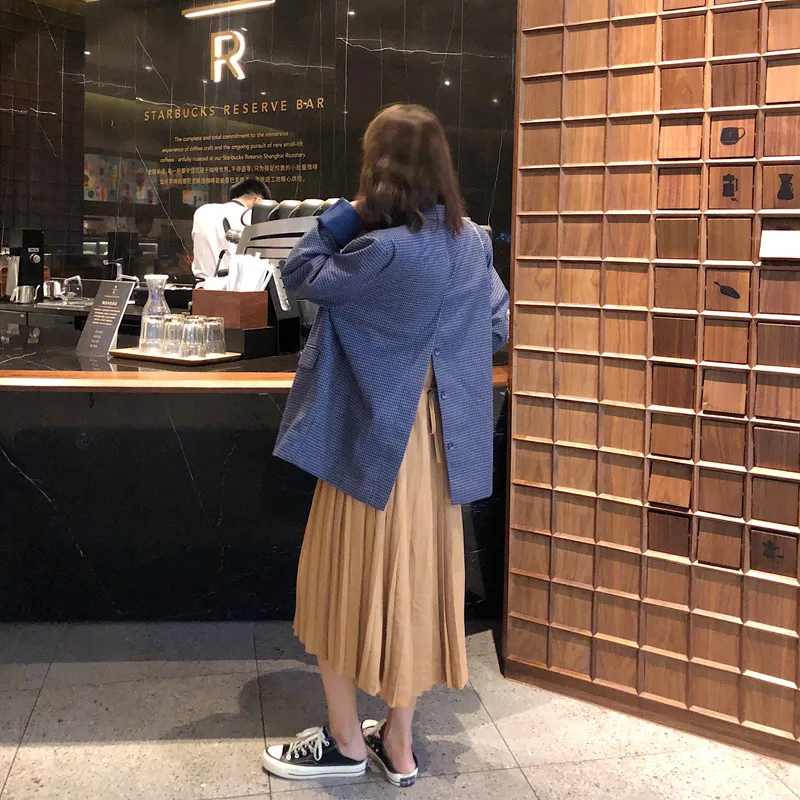 Autumn Vintage Blue Check Sense of Design Small Suit Slit Loose-Fit Leisure Suit Coat Tops WOMEN'S Dress