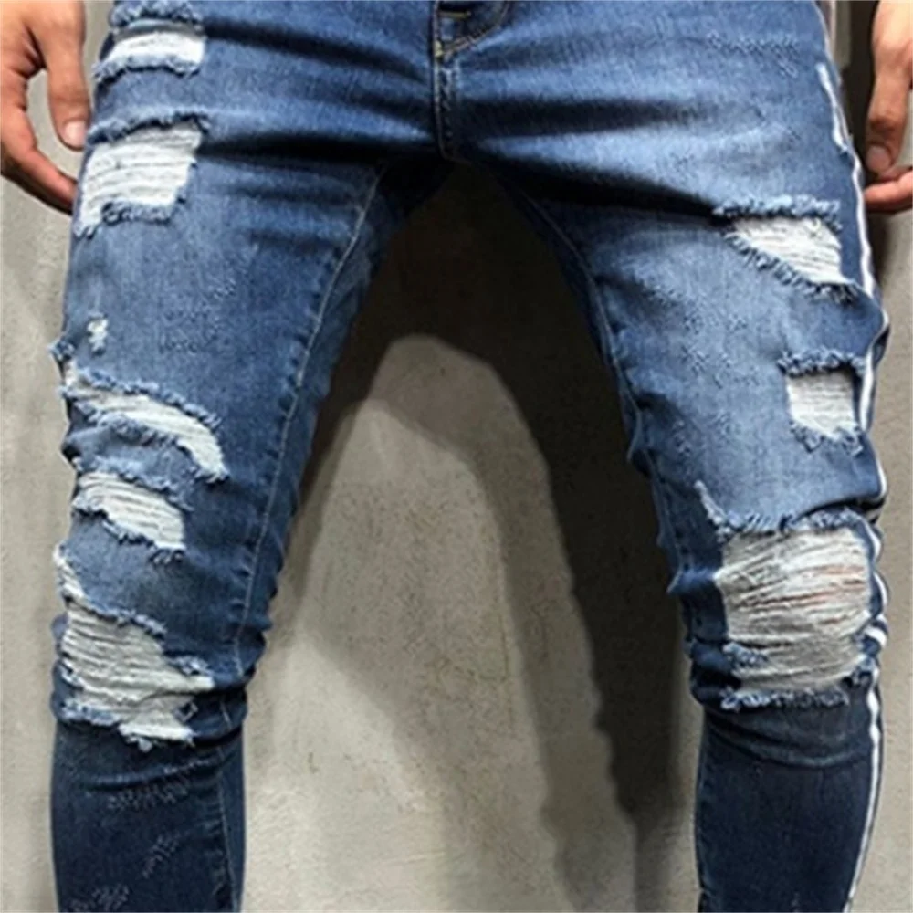 EH·MD® Side Double Striped Jeans Men's Hole Zipper Calf Trousers Slim Four-color Cotton Slim Skinny Breathable Comfortable 2020